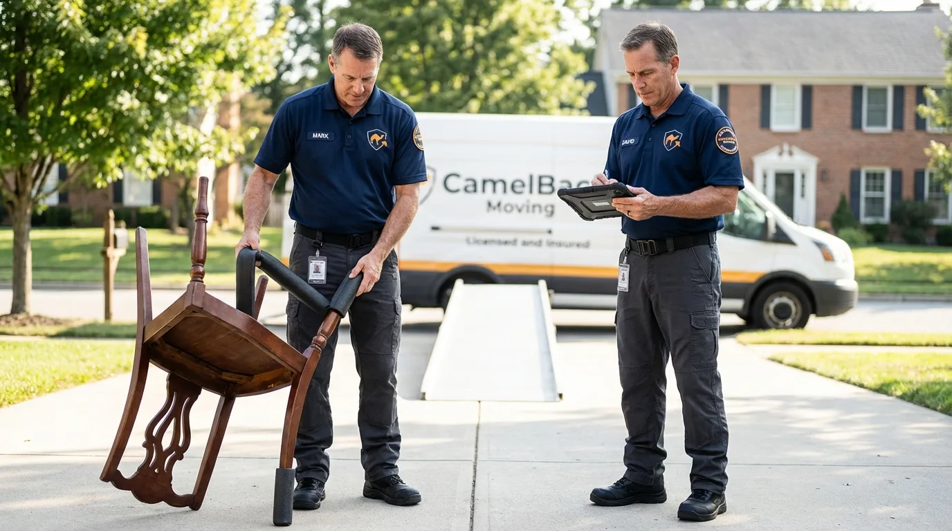 Movers inspecting furniture for damage prevention before loading in Marshallville, GA