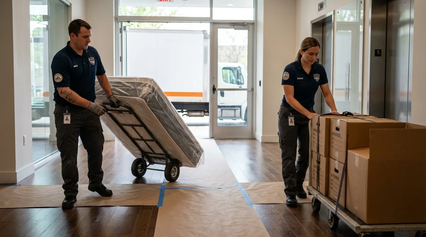 Professional apartment movers loading elevator in Marshallville, GA