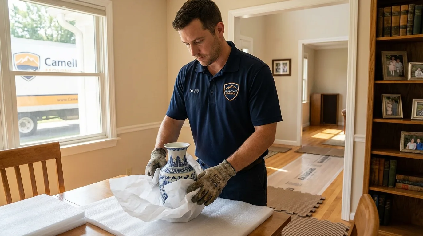 Professional crew carefully wrapping antique vase for senior downsizing move in Marshallville, GA